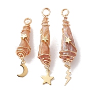 3Pcs 3 Styles Electroplated Natural Quartz Crystal Copper Wire Wrapped Pendants, TearDrop Charms with Golden Tone Alloy Moon & Star & Sun & Lightning Bolt, Dark Salmon, 44.5~48.5x8~10.5x6.5~13mm, Hole: 4mm, about 1pc/style(PALLOY-JF02586-07)