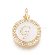 Brass Micro Pave Cubic Zirconia Pendants, with Shell, Long-Lasting Plated, Lead Free & Cadmium Free & Nickel Free, Real 18K Gold Plated, Flat Round with Letter, Clear, Letter.G, 16x13.5x3mm, Hole: 3mm(ZIRC-L078-043G-NR)