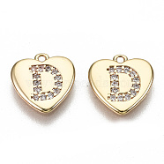 Brass Micro Pave Clear Cubic Zirconia Charms, Nickel Free, Real 18K Gold Plated, Flat Heart, Letter.D, 10x10x1mm, Hole: 1mm(KK-N231-234D-NF)