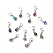 Alloy Rhinestones Birthstone Pendant Decorations, Clip-on Charms, Birth Month Charm, with Zinc Alloy Lobster Claw Clasps, Flat Round, Mixed Color, 22.5mm, 12pcs/set(HJEW-JM00743)