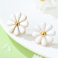 304 Stainless Steel Enamel Stud Earrings, Flower, Golden, White, 18x18mm(EJEW-S226-03G-03)