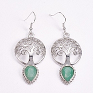 Brass Dangle Earrings, Natural Green Aventurine, Faceted, Hollow Flat Round with Tree of Life and Teardrop, Platinum, 66mm, Pin: 0.6mm(EJEW-G240-B08)