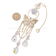 Butterfly Iron & 304 Stainless Steel Hanging Suncatchers, with Glass Pendants and Natural Rose Quartz Chip Beads, Golden, 310mm, Hole: 8mm(HJEW-TA00158)