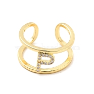 Clear Cubic Zirconia Initial Letter Open Cuff Ring, Real 18K Gold Plated Brass Double Line Ring for Women, Lead Free & Cadmium Free, Letter.P, US Size 6(16.5mm)(RJEW-A012-01G-P)