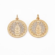 Brass Micro Pave Clear Cubic Zirconia Pendants, Nickel Free, Flat Round with Wings, Real 18K Gold Plated, 21.5x19.5x2mm, Jump Ring: 5x1mm, Inner Diameter: 3mm.(KK-S356-682)