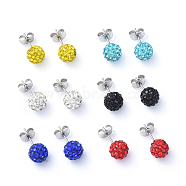 Polymer Clay Rhinestone Stud Earrings, Pave Disco Ball, with 304 Stainless Steel Stud Earring Findings and Ear Nuts, Mixed Color, 18x8mm, Pin: 0.8mm(EJEW-JE04138-M)