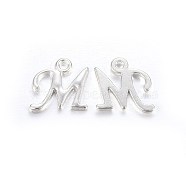 Silver Color Plated Alloy Letter Pendants, Rack Plating, Cadmium Free & Lead Free, Letter.M, 13x13x2mm, Hole: 1.5mm(PALLOY-J718-01S-M)