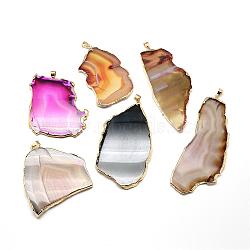 Plated Natural Agate Big Pendants, with Golden Tone Brass Findings, Dyed, Nuggets, Mixed Color, 53.5~90x36~51x3~6mm, Hole: 3.5x5mm(G-T010-08)