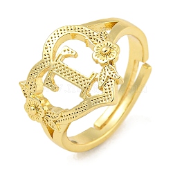 Heart with Letter & Flower Rack Plating Brass Adjustable Rings for Women, Lead Free & Cadmium Free, Real 18K Gold Plated, Letter T, US Size 6(16.5mm)(RJEW-I105-05G-T)