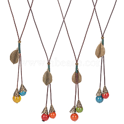 4Pcs 4 Colors Polyester Cords Lariat Necklaces Set, Alloy Leaf & Ceramics Beads Pendant Necklaces, Mixed Color, 25.59 inch(65cm), 1pc/color(NJEW-AN0001-63)