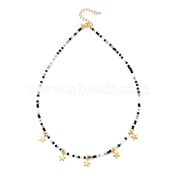 Star Pendant Necklaces, with Brass Cube Beads, Glass Beads, 304 Stainless Steel Charm and Lobster Claw Clasps, Golden, Black, 17.72 inch(45cm)(NJEW-JN03074-03)