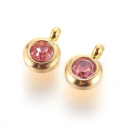 304 Stainless Steel Rhinestone Charms, Flat Round, Rose, 9.3x6.5x4mm, Hole: 2mm(X-STAS-P237-10G-16)