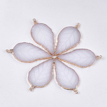 Electroplate Druzy Resin Big Pendants, with Iron Findings, Leaf, Light Gold, WhiteSmoke, 56~57x27~28x3mm, Hole: 1.6mm