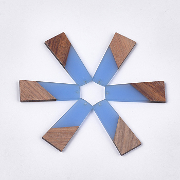 Resin & Walnut Wood Pendants, Trapezoid, Cornflower Blue, 49~49.5x19~19.5x3.5mm, Hole: 2mm