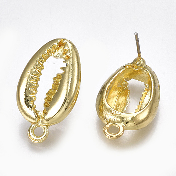 Alloy Stud Earring Findings, with Loop, Steel Pins, Cowrie Shell Shape, Light Gold, 23x13.5mm, Hole: 1.8mm, Pin: 0.7mm
