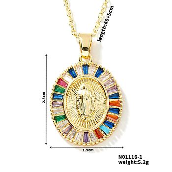 Brass Cubic Zirconia Oval Design Virgin Mary Pendant Exquisite Necklaces, Golden, Colorful, 15.75 inch(40cm)