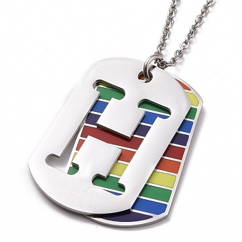 Pride Style 201 Stainless Steel Pendant Necklaces, with Enamel and Iron Chains, Oval with Hollow Letter, Colorful, Stainless Steel Color, Letter.H, 23.62~23.7(60~60.2cm)