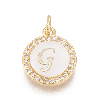 Brass Micro Pave Cubic Zirconia Pendants, with Shell, Long-Lasting Plated, Lead Free & Cadmium Free & Nickel Free, Real 18K Gold Plated, Flat Round with Letter, Clear, Letter.G, 16x13.5x3mm, Hole: 3mm