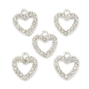Alloy Rhinestone Charms, Heart, Silver Color Plated, 14x12.5x2.5mm, Hole: 2mm