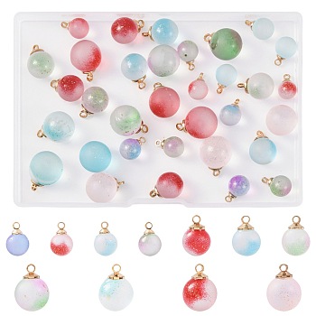 44Pcs 11 Styles Two Tone Transparent Spray Painted Glass Pendants, Round, with Light Gold Plated Brass Loop, Frosted, with Glitter Powder, Mixed Color, 12~16x8~12mm, Hole: 2mm, 4pcs/style