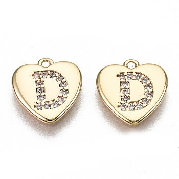 Brass Micro Pave Clear Cubic Zirconia Charms, Nickel Free, Real 18K Gold Plated, Flat Heart, Letter.D, 10x10x1mm, Hole: 1mm
