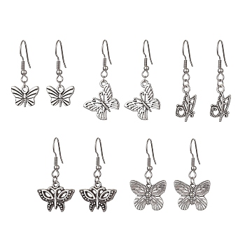 Alloy Butterfly Dangle Earrings with 304 Stainless Steel Pins for Women, Antique Silver, 33~40x11~19.5mm