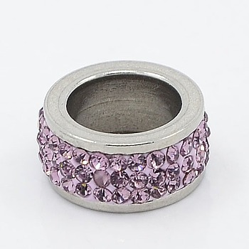 304 Stainless Steel Column Beads, with Polymer Clay Rhinestone, Stainless Steel Metal Color, Violet, 13x6mm, Hole: 8mm