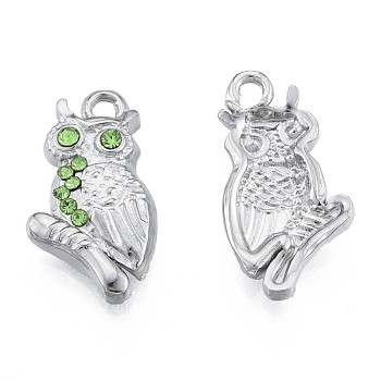 304 Stainless Steel Pendants, with Peridot Rhinestone, Owl, Stainless Steel Color, 20x11x3mm, Hole: 1.6mm