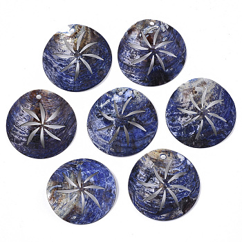 Natural Akoya Shell Pendants, Mother of Pearl Shell Pendants, Dyed, 
Flat Round, Medium Blue, 33x5~7mm, Hole: 1.6~2mm