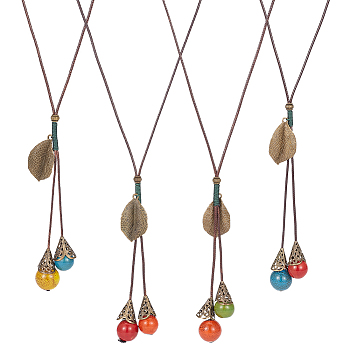4Pcs 4 Colors Polyester Cords Lariat Necklaces Set, Alloy Leaf & Ceramics Beads Pendant Necklaces, Mixed Color, 25.59 inch(65cm), 1pc/color
