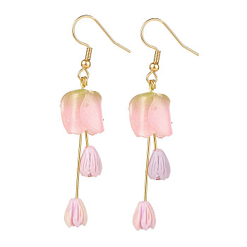 Plastic 3D Flower Long Dangle Earrings, Gold Plated 304 Stainless Steel Jewelry for Women, Pink, 62mm, Pin: 0.8mm