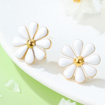 304 Stainless Steel Enamel Stud Earrings, Flower, Golden, White, 18x18mm