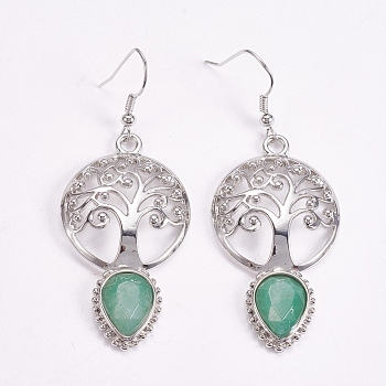 Brass Dangle Earrings, Natural Green Aventurine, Faceted, Hollow Flat Round with Tree of Life and Teardrop, Platinum, 66mm, Pin: 0.6mm