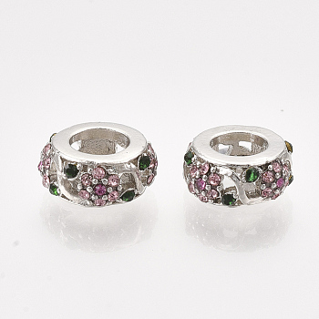 Alloy European Beads, Large Hole Beads, with Rhinestones, Flat Rondelle with Flower, Colorful, Platinum, 10.5x4.5mm, Hole: 5mm