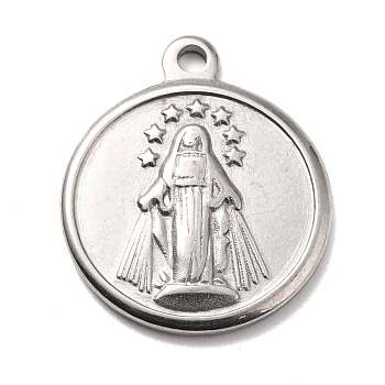 304 Stainless Steel Pendants, Textured, Flat Round with Woman & Star, Stainless Steel Color, 21.5x18x2mm, Hole: 1.8mm
