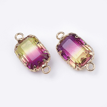 K9 Glass Links connectors, Imitation Tourmaline, with Golden Tone Brass Findings, Faceted, Rectangle, Purple, 22x10.5~1x6~6.5mm, Hole: 2mm