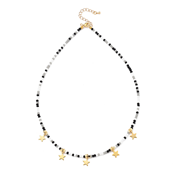 Star Pendant Necklaces, with Brass Cube Beads, Glass Beads, 304 Stainless Steel Charm and Lobster Claw Clasps, Golden, Black, 17.72 inch(45cm)