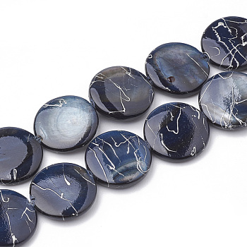 Natural Freshwater Shell Beads Strands, Dyed with Drawbench, Flat Round, Prussian Blue, 14~14.5x2~3mm, Hole: 0.8mm, about 29~30pcs/strand,14.9 inch