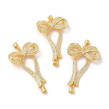 Brass Micro Pave Clear Cubic Zirconia Fold Over Clasps with Cord Ends, Bowknot, Real 18K Gold Plated, Bowknot: 33x22.5x5.5mm, Cord End: 5x3.5mm, Hole: 1.5x1.2mm and 1.2x0.7mm