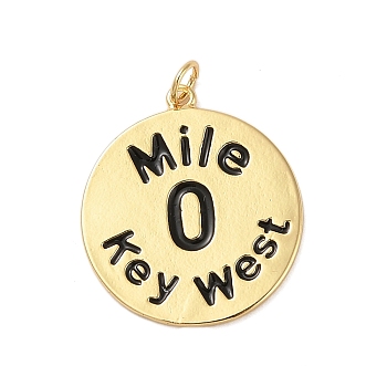 Rack Plating Brass Enamel Pendants, with Jump Ring, Long-Lasting Plated, Cadmium Free & Lead Free, Real 18K Gold Plated, Word Mile 0 Key West, Flat Round, 25.5x23x1.5mm, Hole: 3.5mm