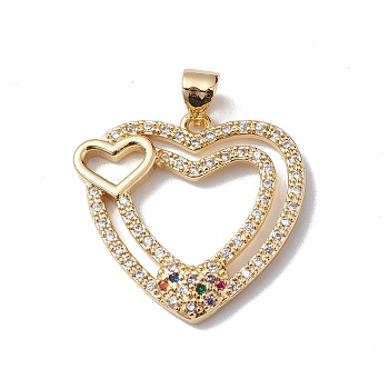 Rack Plating Brass Micro Pave Cubic Zirconia Pendants, Lead Free & Cadmium Free, Long-Lasting Plated, Heart Charm, Real 18K Gold Plated, 23x23.5x4mm, Hole: 5x3mm