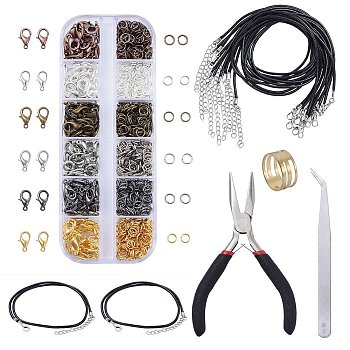 DIY Necklaces Kit, with Alloy Lobster Claw Clasps and Iron Jump Rings Set, Imitation Leather Cord, Carbon Steel Jewelry Pliers, 304 Stainless Steel Beading Tweezers, Brass Assistant Tool, Mixed Color, 132x9.6x2mm
