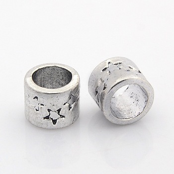 Tibetan Style Alloy Beads, Column with Stars, Antique Silver, 12x11mm, Hole: 9mm