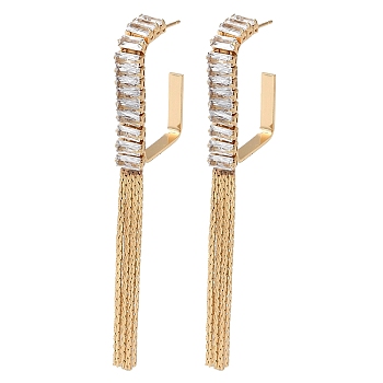 Brass Micro Pave Cubic Zirconia Half Hoop Stud Earrings, Tassel Earring for Women, Long-Lasting Plated, Golden, 73.5x19.5mm