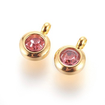 304 Stainless Steel Rhinestone Charms, October Birthstone Charms, Flat Round, Rose, 9.3x6.5x4mm, Hole: 2mm