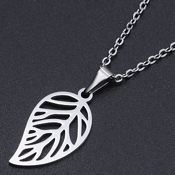 Non-Tarnish 201 Stainless Steel Pendants Necklaces, with Cable Chains and Lobster Claw Clasps, Leaf, Stainless Steel Color, 17.71 inch(45cm), 1.5mm