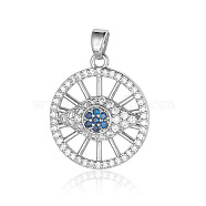 Brass Micro Pave Cubic Zirconia Pendants, Flat Round with Horse Eye Charms, Platinum, 23x20x4.2mm(ZIRC-OY001-41P)