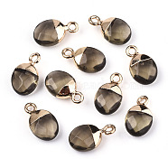 Faceted Glass Charms, with Light Gold Plated Iron Loop, Oval, Coffee, 14~15x8x5mm, Hole: 1.8mm(GLAA-N040-007A)