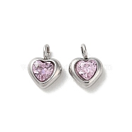 304 Stainless Steel Micro Pave Cubic Zirconia Pendants, Heart Charms, Pink, 7x5x2.5mm, Hole: 1.5mm(STAS-L022-396A-P)