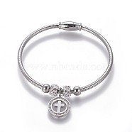 304 Stainless Steel Charms Bangles, with Polymer Clay Rhinestone and Magnetic Clasps, Flat Round with Cross, Stainless Steel Color, 2-1/8 inchx2 inch(5.55x5.15cm)(BJEW-P258-08P)